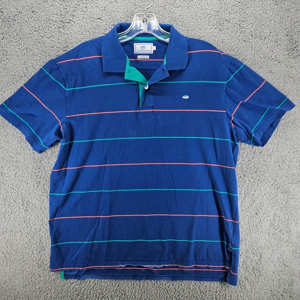 Southern Tide Mens Classic Fit Blue Striped Pima Cotton Polo Shirt Large L